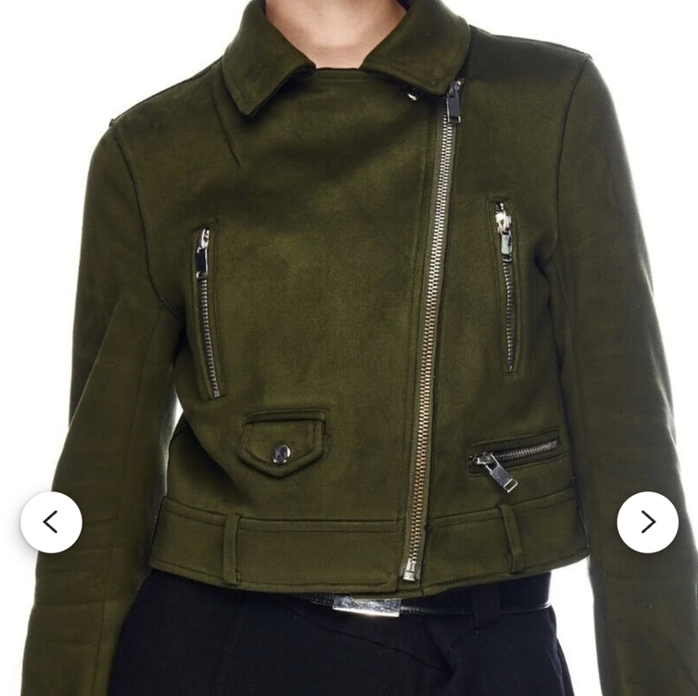 Zara Olive Green Faux Suede Moto Jacket with Zippered Front and Collar Details